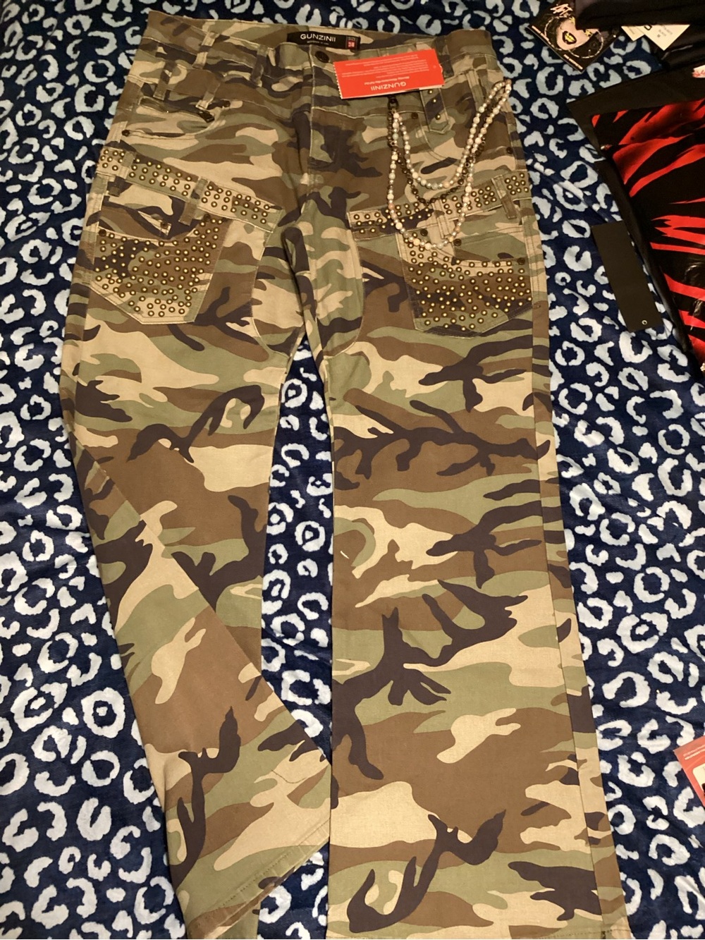 Men's Gunzinii Camouflage Bootcut Jeans with Studded Pockets - Green Camo
